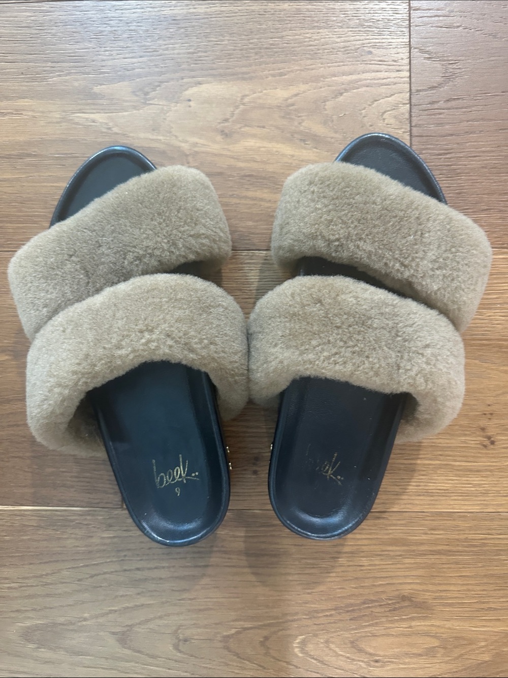 beek Faux Shearling Double-Band Slide Sandals in Tan and Black